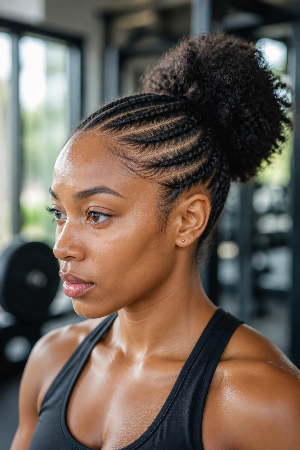 Portrait of a person with cornrows at the front and a high back puff.