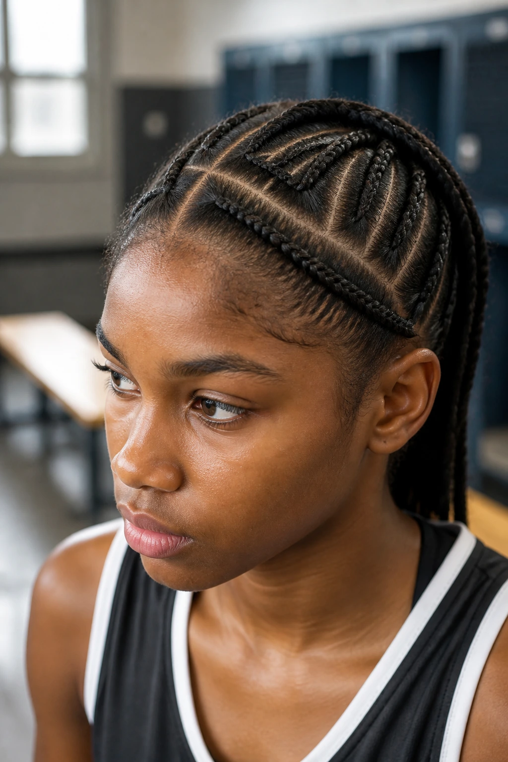 Close-up of a real person with four-Quadrant cornrows in a gym setting