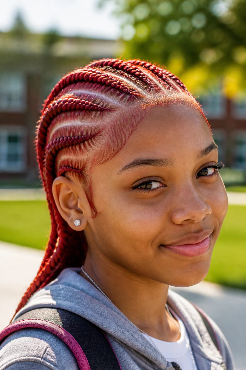 Portrait of student with vibrant cherry red cornrows in a school setting
