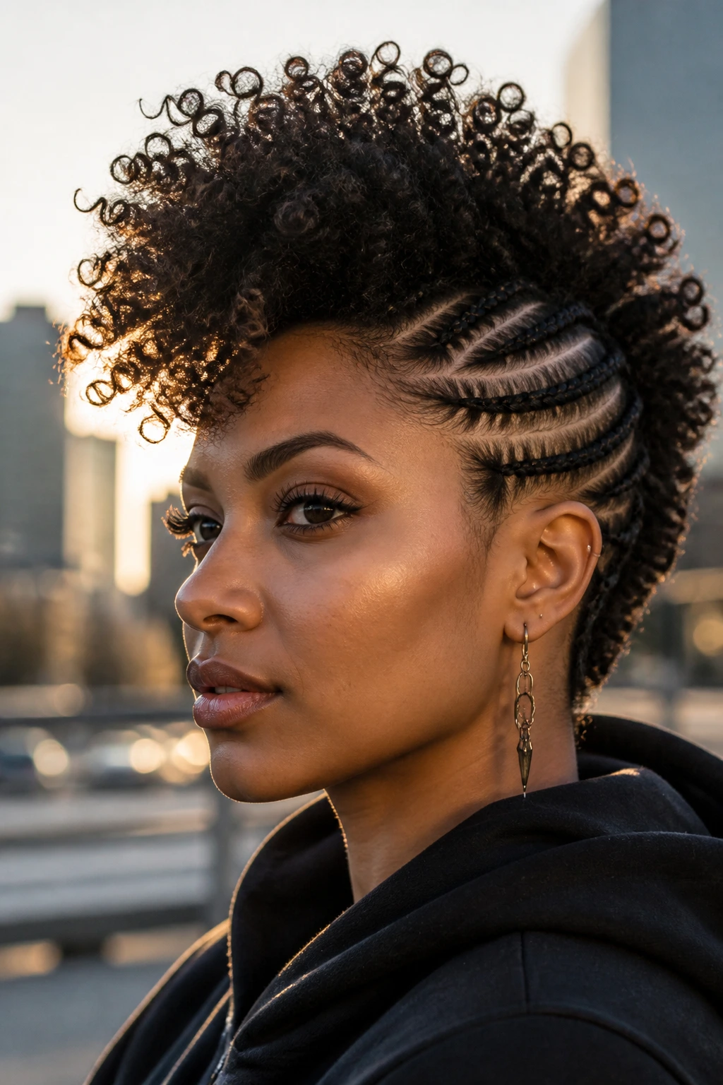 Portrait of a real person with cornrows on the sides forming a sculpted hawk in urban daylight.
