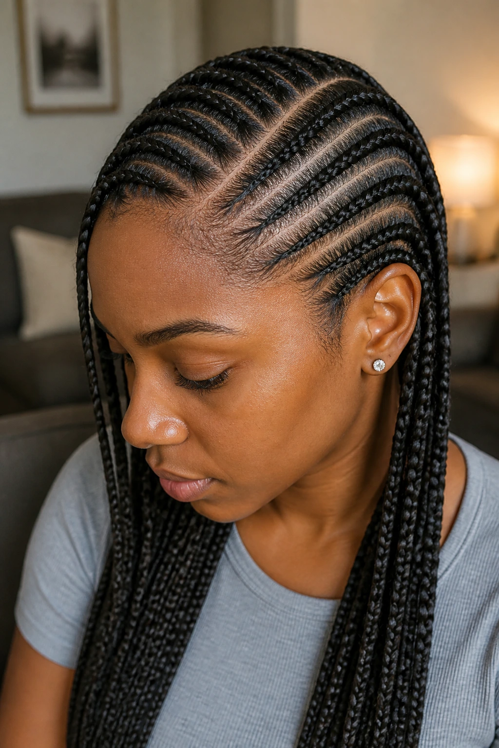 Close-up portrait of a real person with deep side-part cornrows