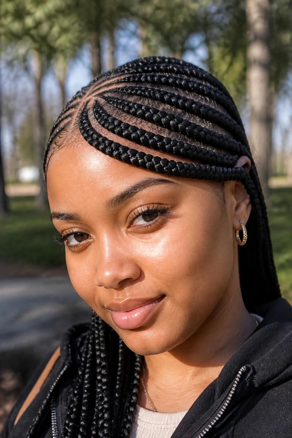 Portrait of a person with cornrows and braided side-swept bangs in natural light