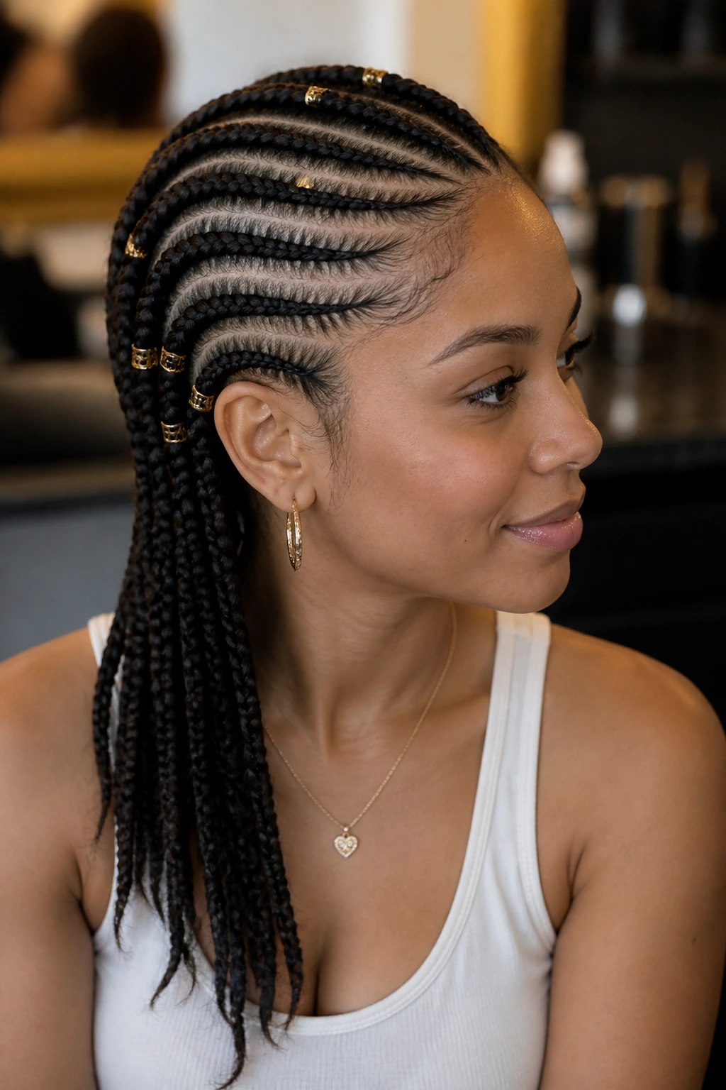 Portrait of a real person with side-swept cornrows and curved braids