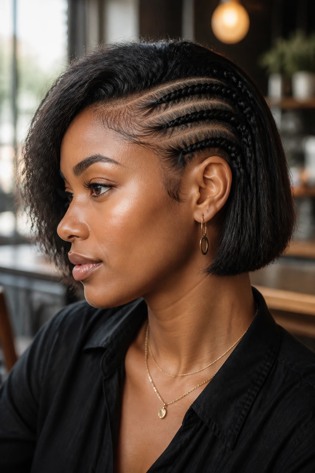 Side portrait showing cornrows along one temple with a blunt bob
