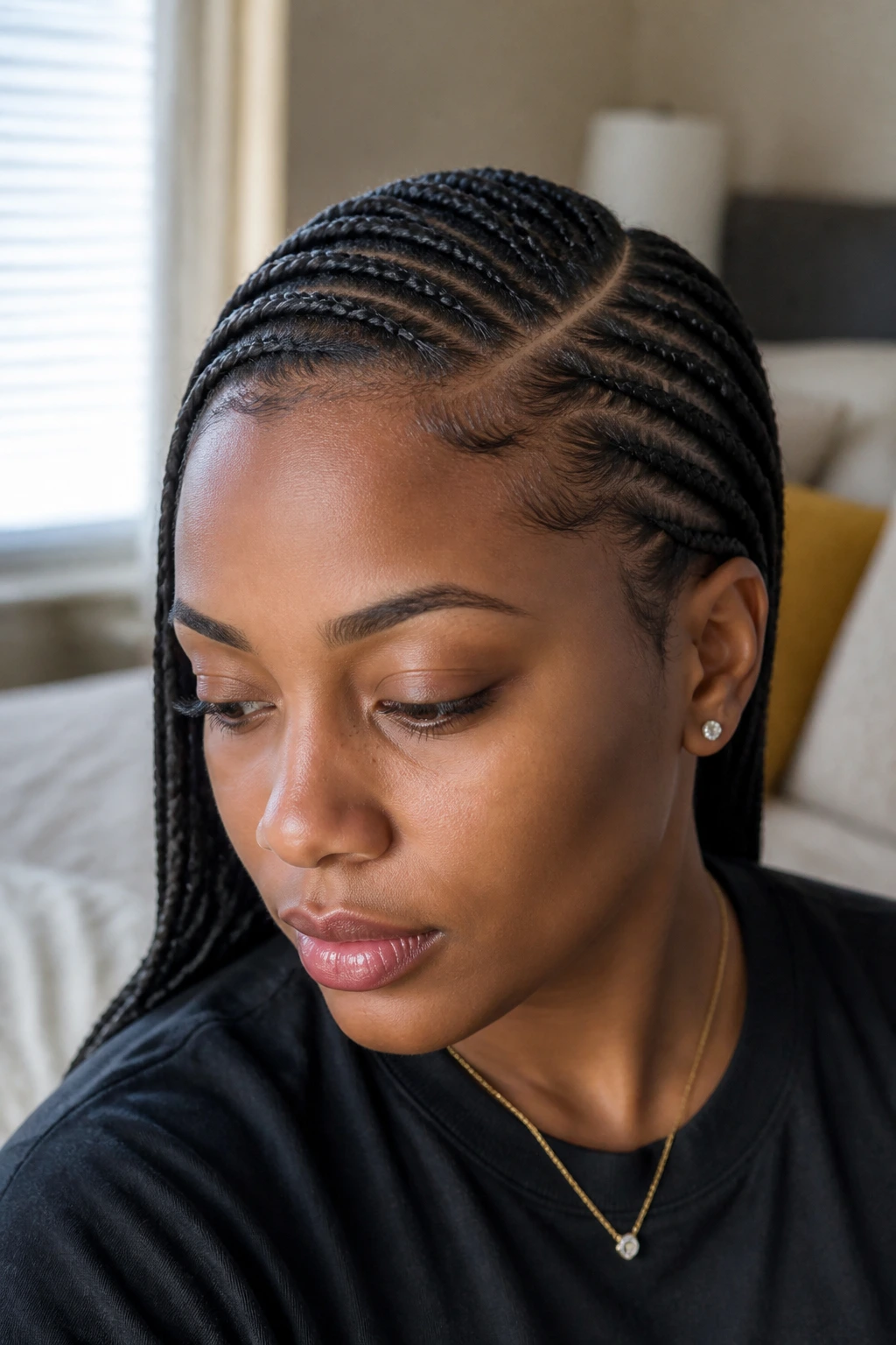 Close-up of a real woman with a deep side-part cornrow hairstyle.