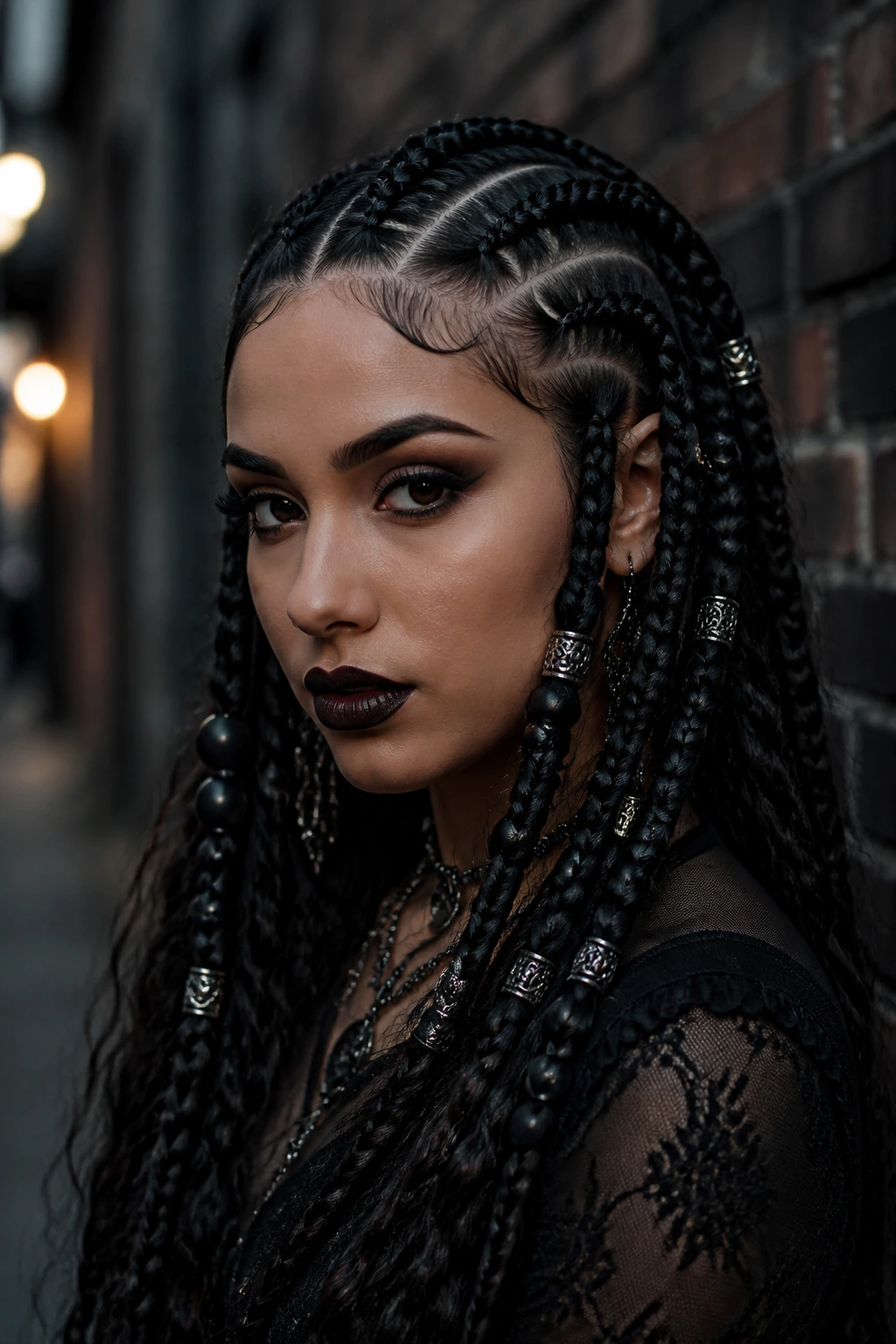 Real woman with gothic cornrows and silver beads in moody alley.