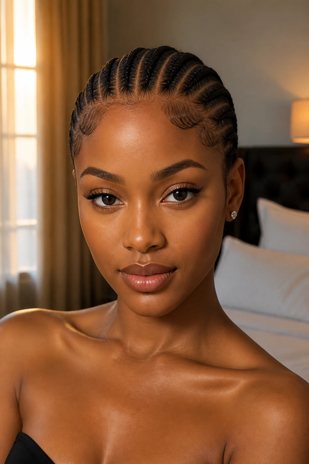 Close-up of a real woman with straight-back cornrows and laid edges under warm window light