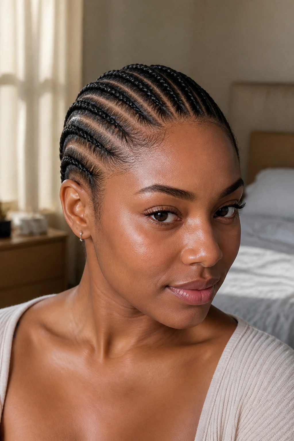 Close-up portrait of a real woman with classic straight-back cornrows.