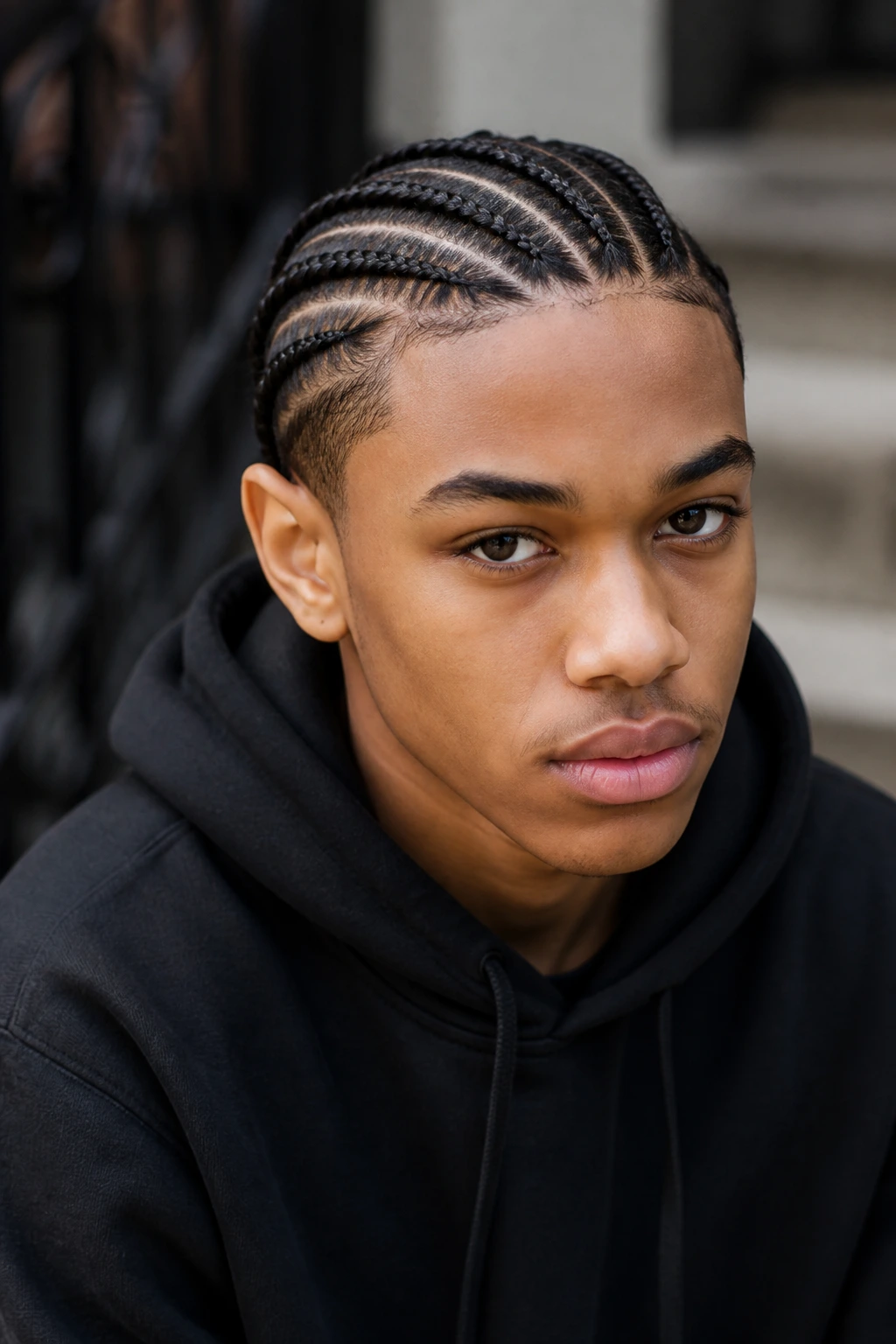 Close-up teen portrait highlighting cornrow hairstyle
