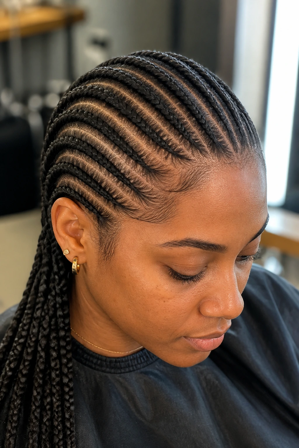 Close-up of a real person with uniform cornrows from root to tip, triangle-free ends, in a salon.