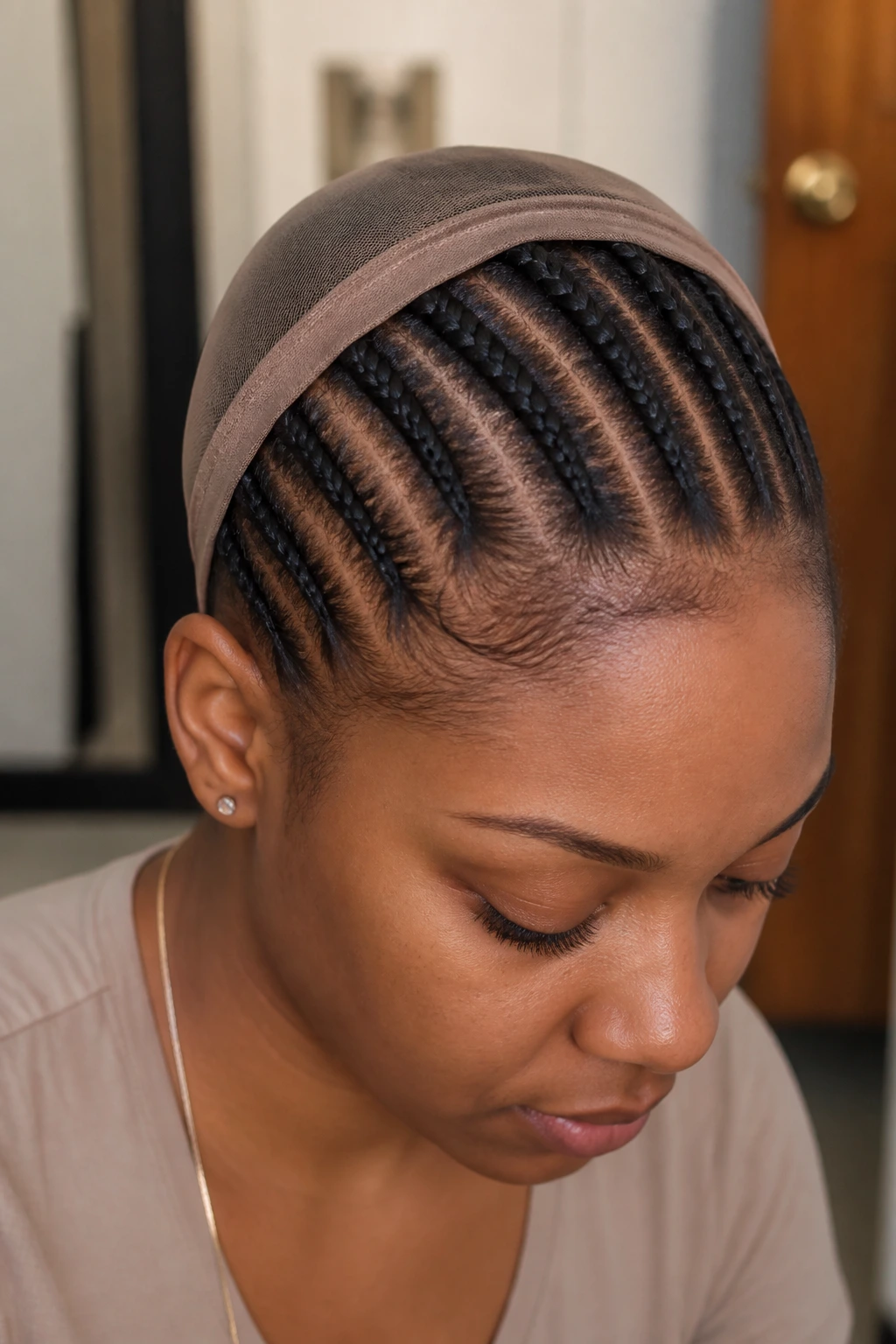 Close-up of a head with neat cornrows ready for a long wig