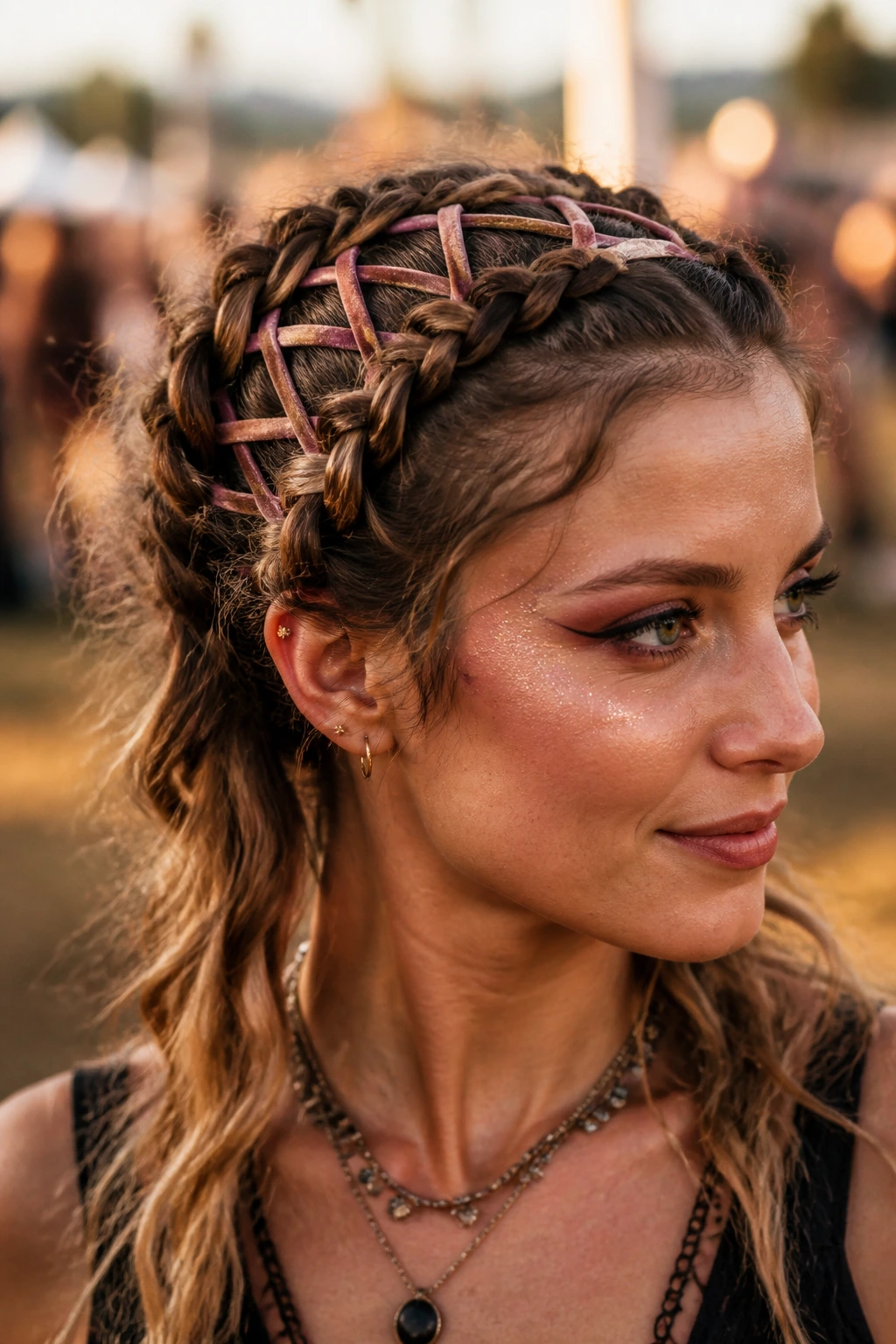 Close-up of a real person with two French braids laced with velvet ribbon across the crown