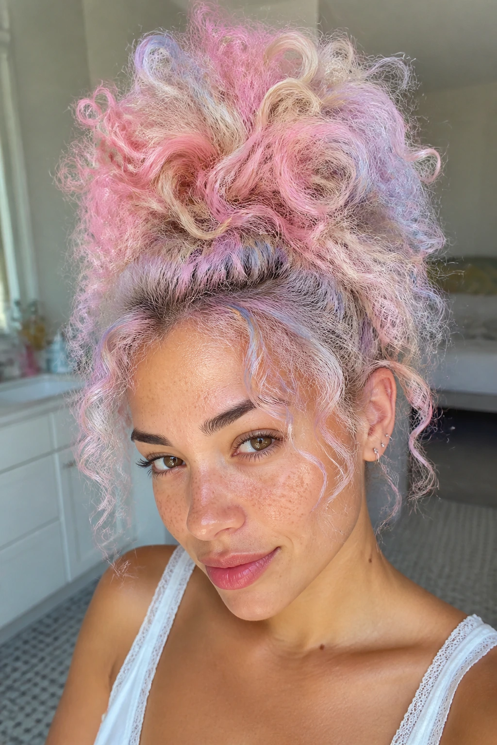 Real person with a large textured cotton-candy bun