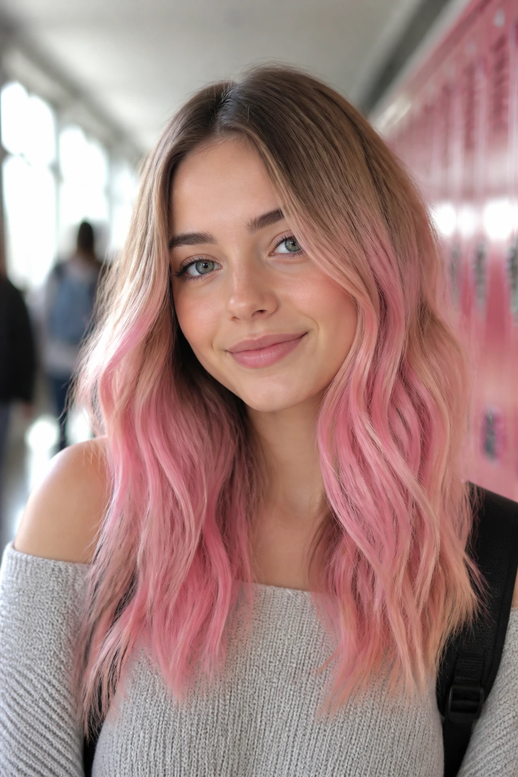 Close-up portrait of a student with cotton candy ombré hair in a school hallway