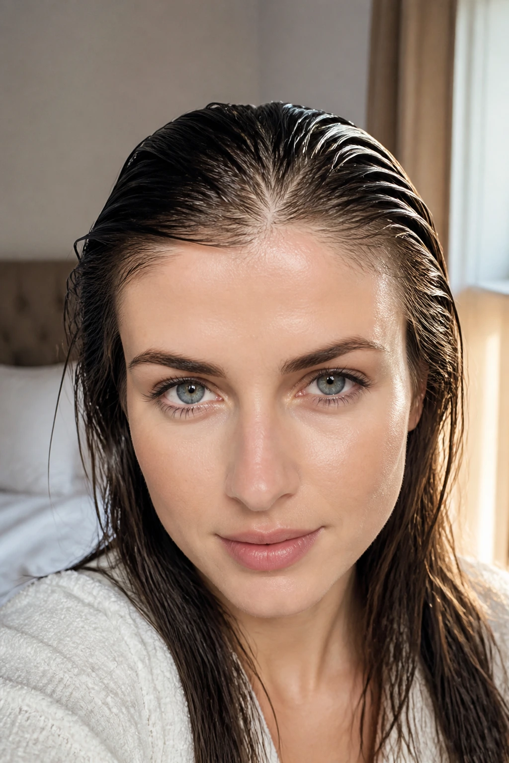 Close-up of a real person's hairline showing a centered cowlick in natural light