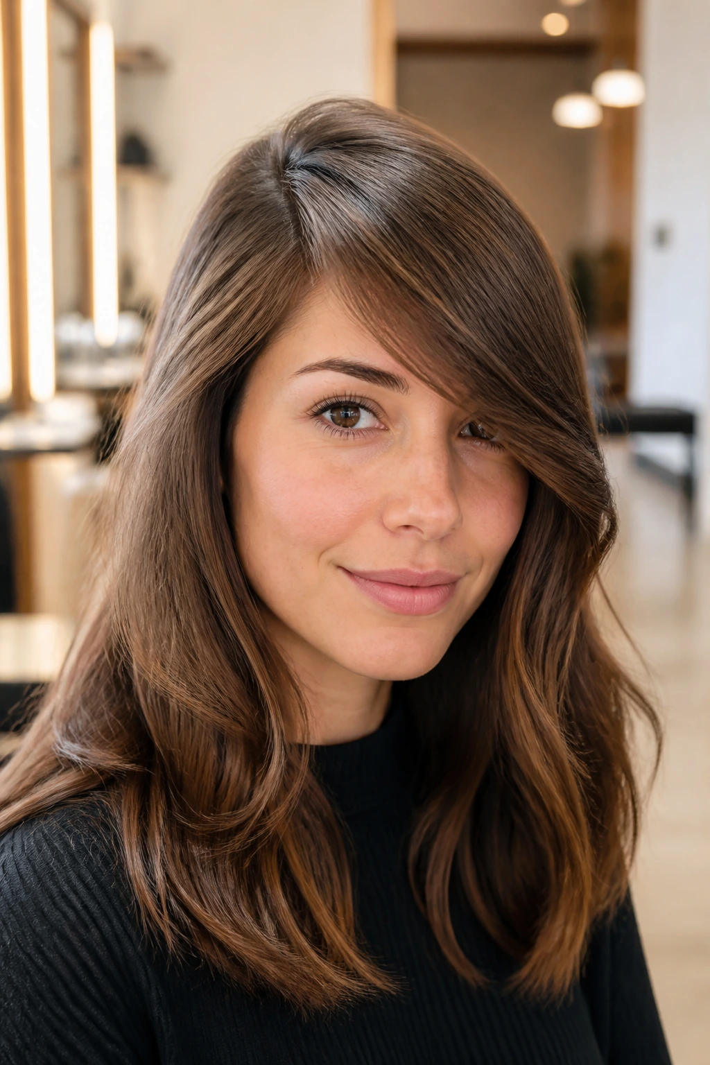 Close-up of a real person with side-swept bangs and cowlick control