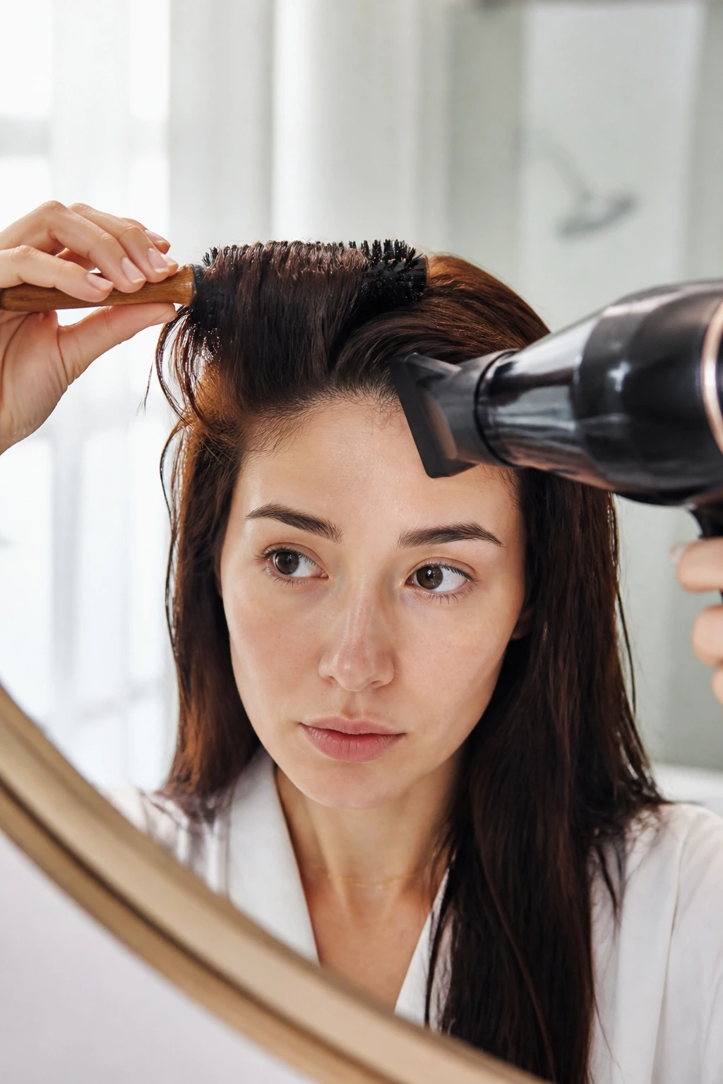 Real person demonstrating cowlick training at the hairline in a bathroom
