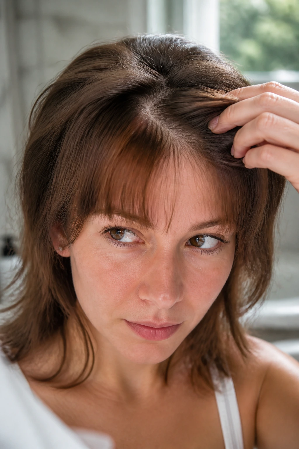 Close-up of a woman showing a forehead cowlick with bangs in natural light