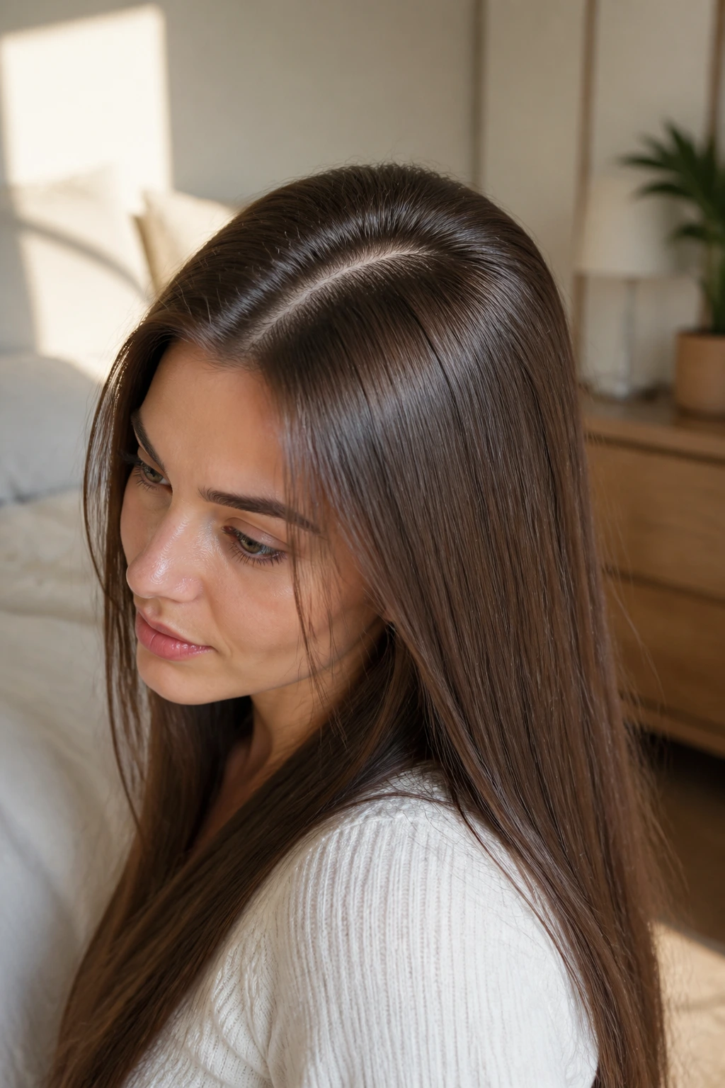 Real woman demonstrating cowlick management in straight hair
