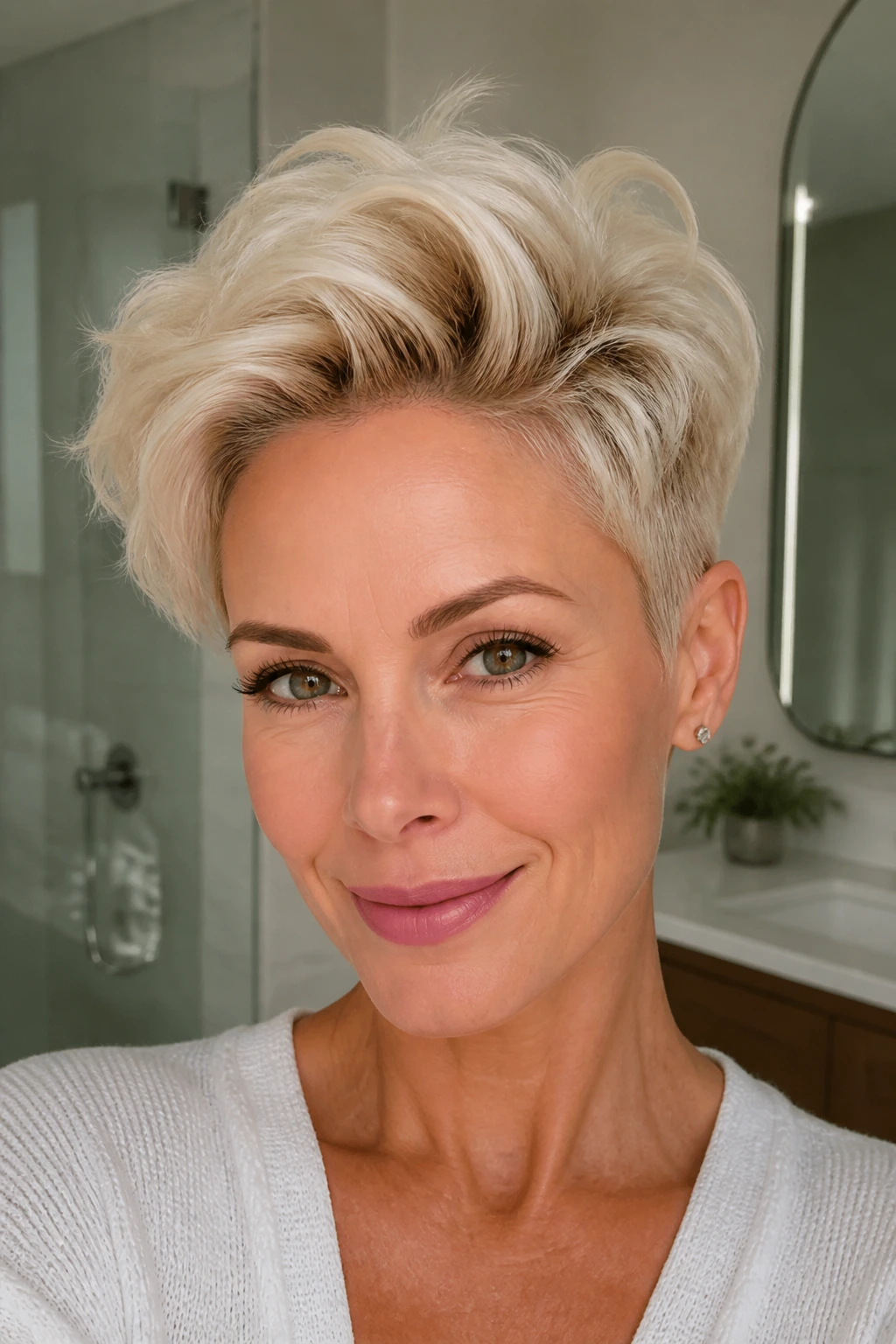 Close-up of a real woman with a voluminous cream blond pixie cut