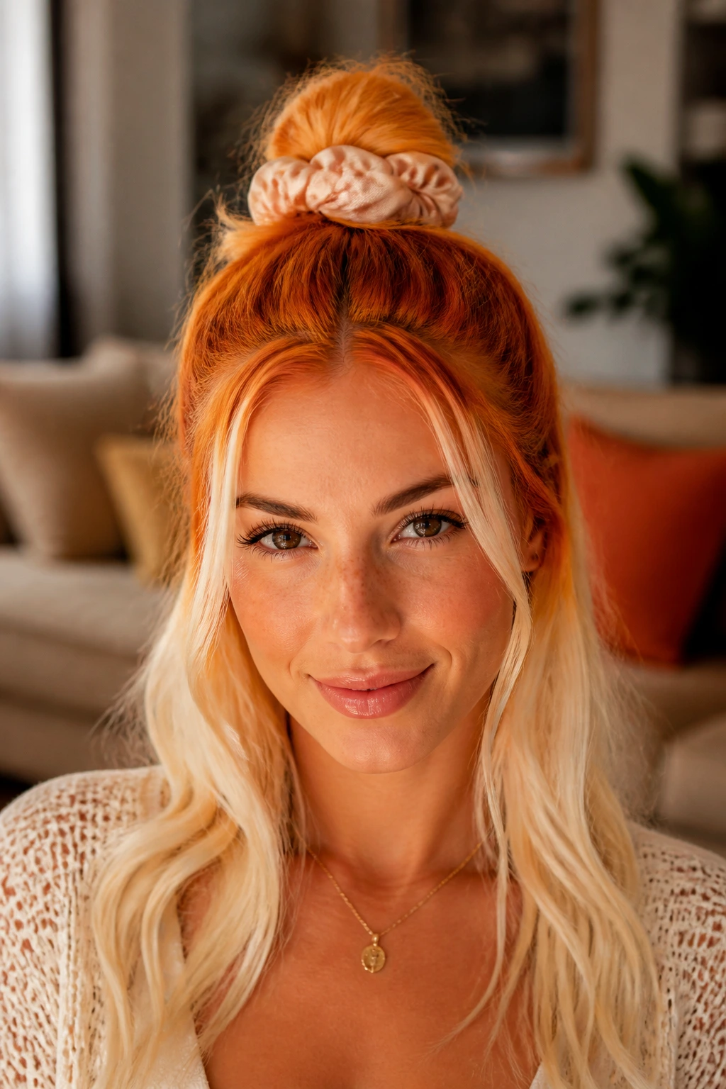 Close-up of a real woman's half-up top knot with creamsicle twists.