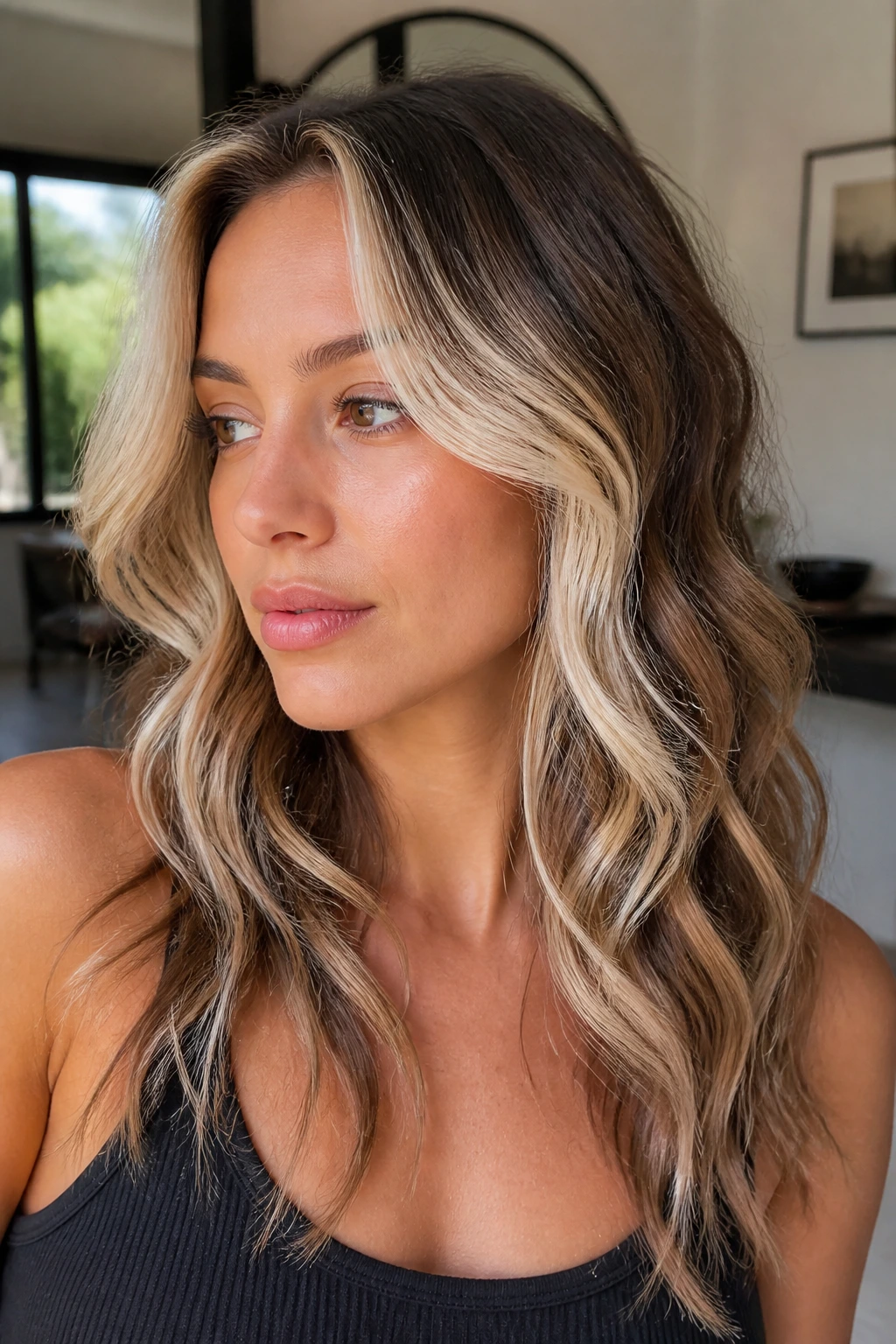 Close-up of soft waves with creamy blonde face-framing strips