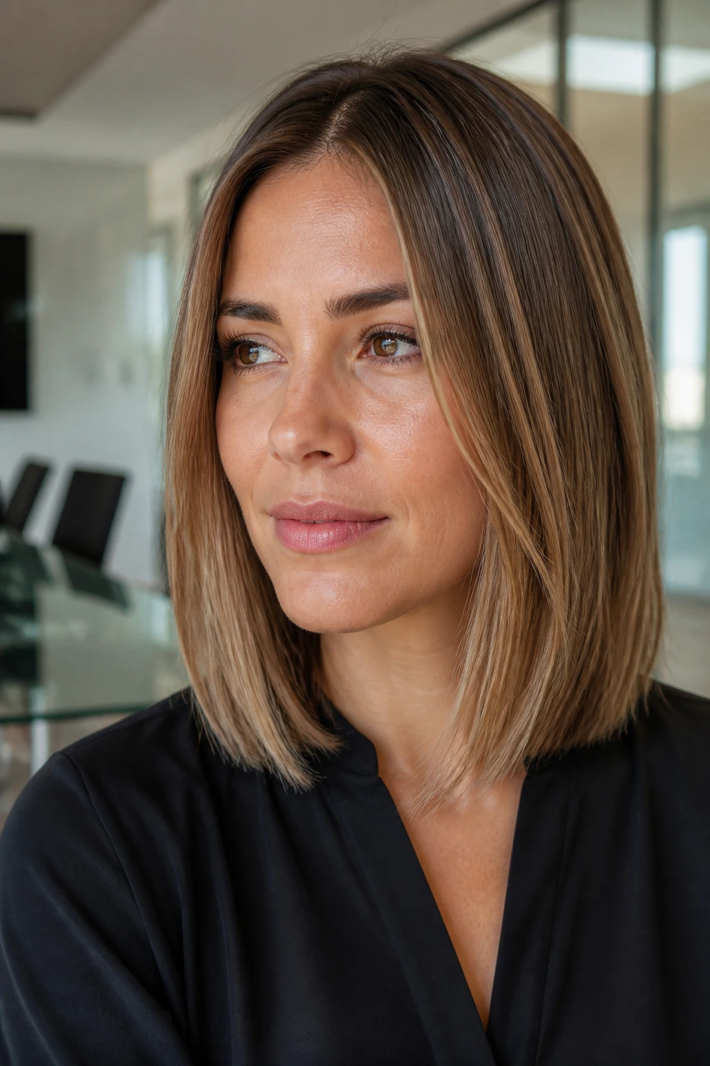Woman with creamy caramel highlights on blunt collarbone cut in office