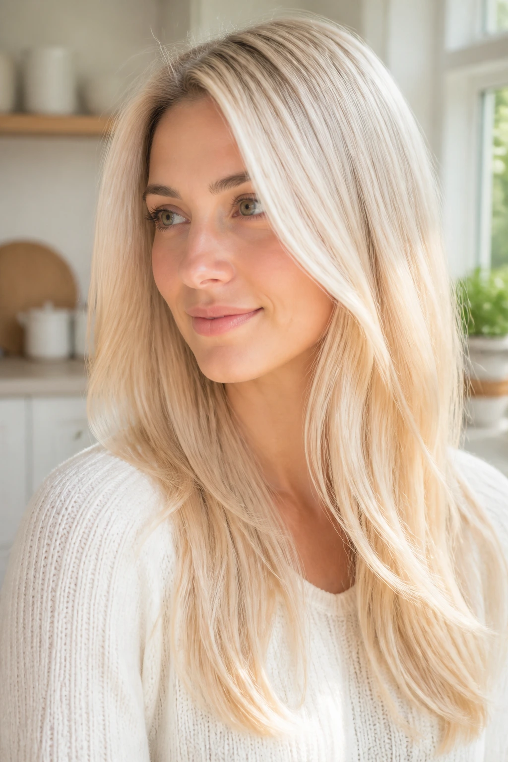 Close-up portrait of a real woman with creamy vanilla hair in a bright kitchen