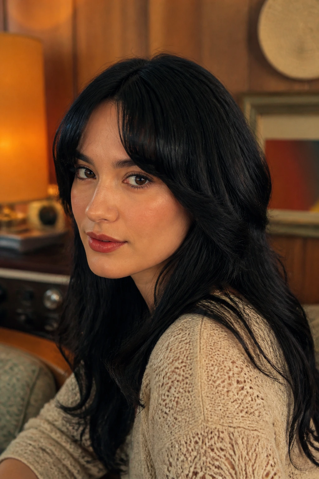 Portrait of a person with crescent arch bangs in a warm retro room