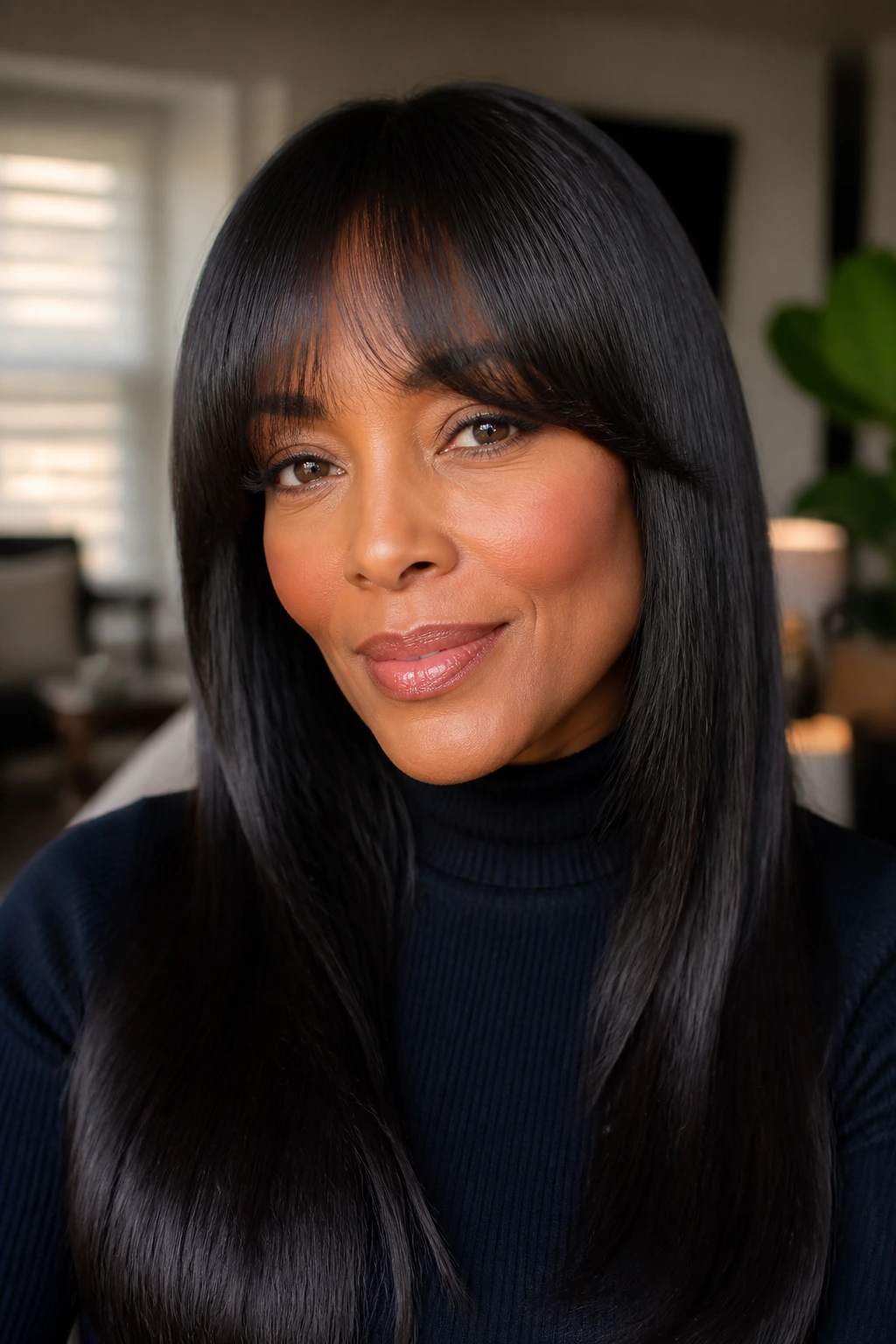 Portrait of a woman with crescent arching bangs and sleek silk-pressed hair