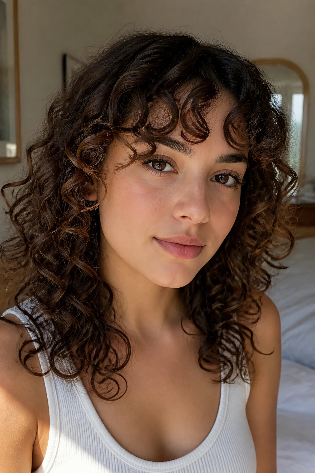 Close-up of crescent-shaped arching curls framing the forehead on a real woman