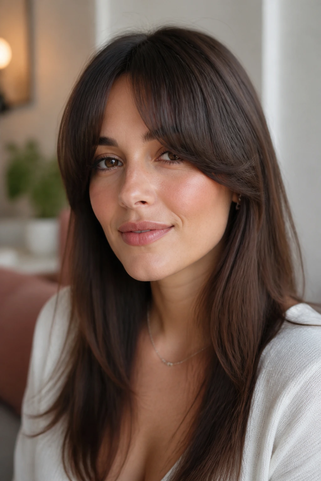 Close-up of a real woman with rounded crescent bangs