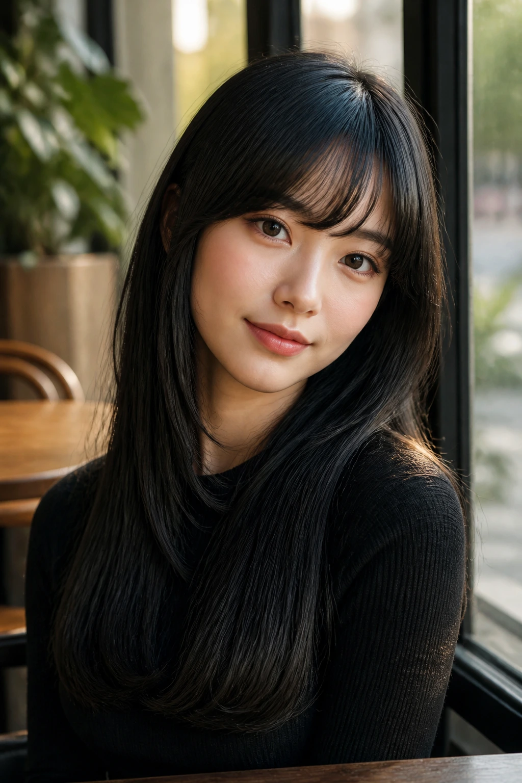 Real woman with crescent curved bangs and blunt ends in cafe light