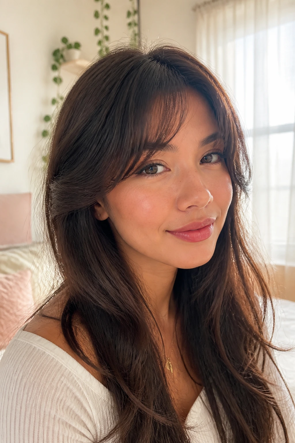 Close-up of a woman with crescent bangs blending into face-framing layers in soft daylight