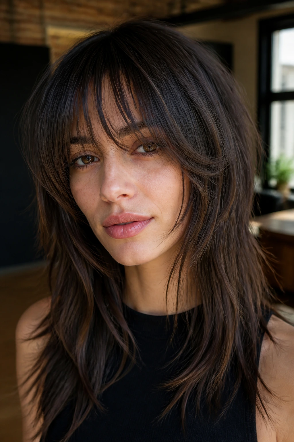 Close-up of tapered crescent bangs with shattered ends on a real woman.