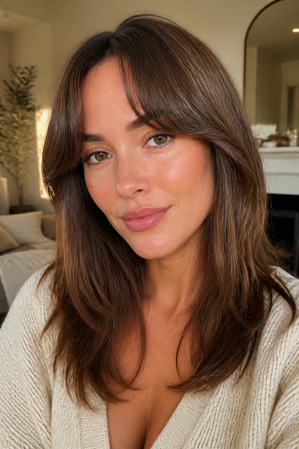 Close-up of a woman with curved crescent bangs in toffee brown