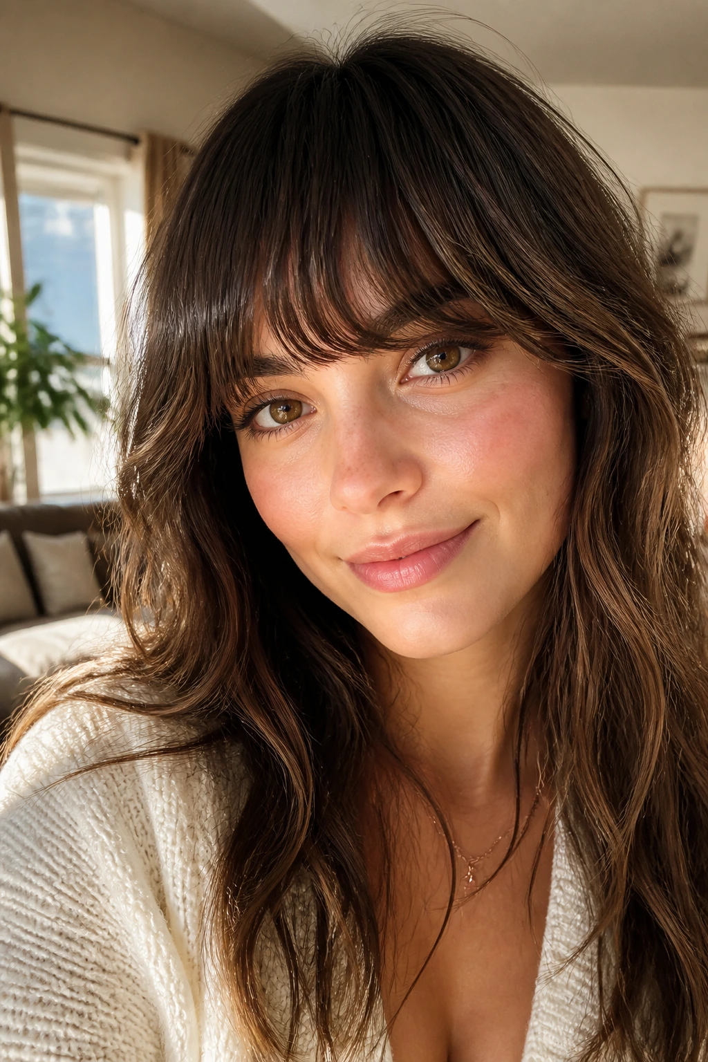 Close-up portrait of a real woman with crescent-cut textured bangs