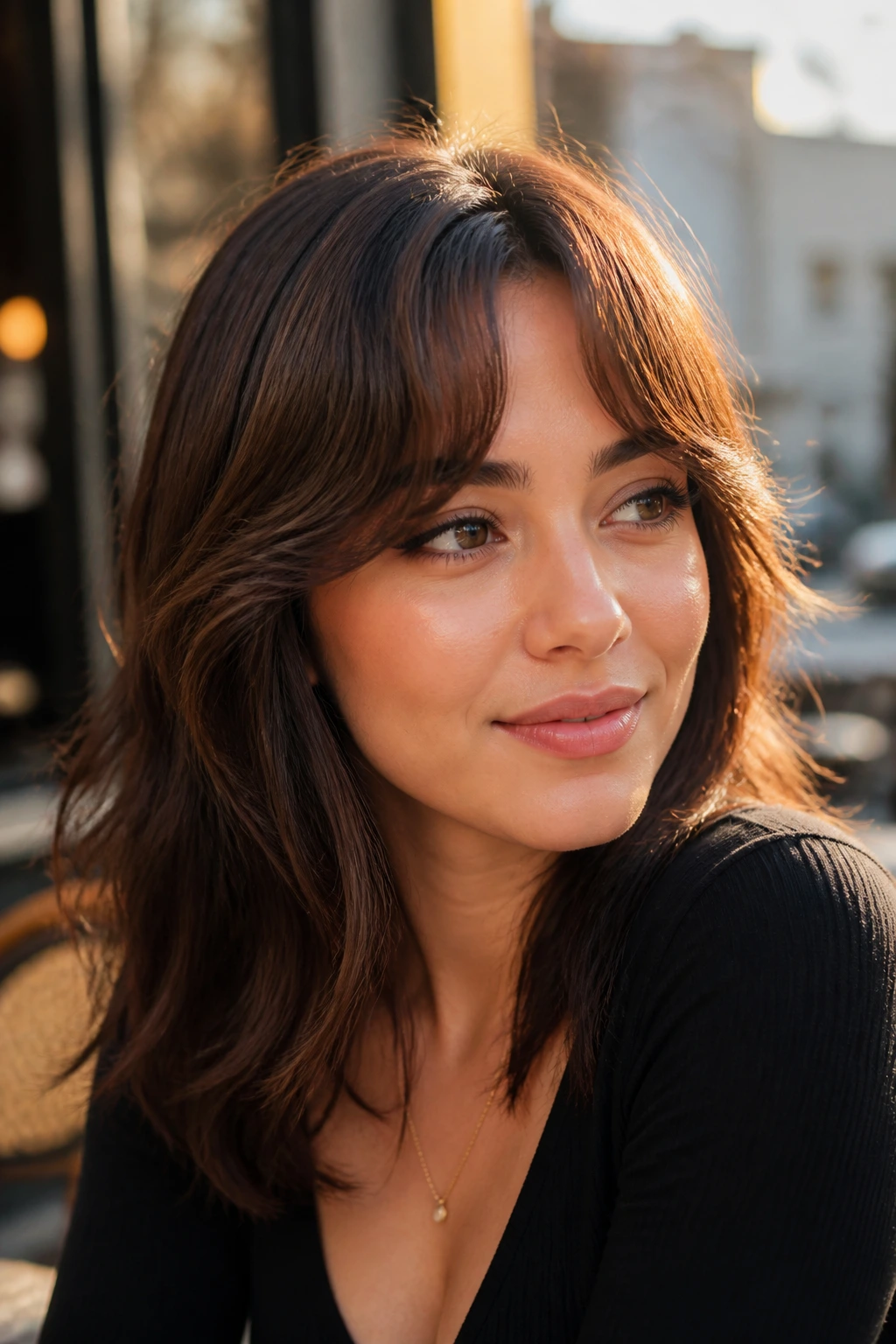Close-up of a real person with crescent-shaped fringe arching across the forehead