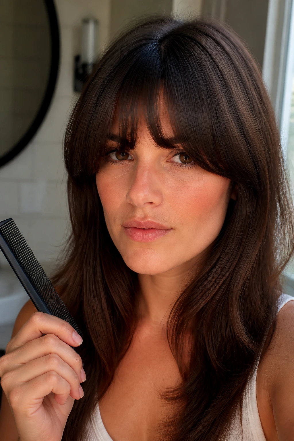 Close-up of a real woman with a deep crescent fringe framing her eyes