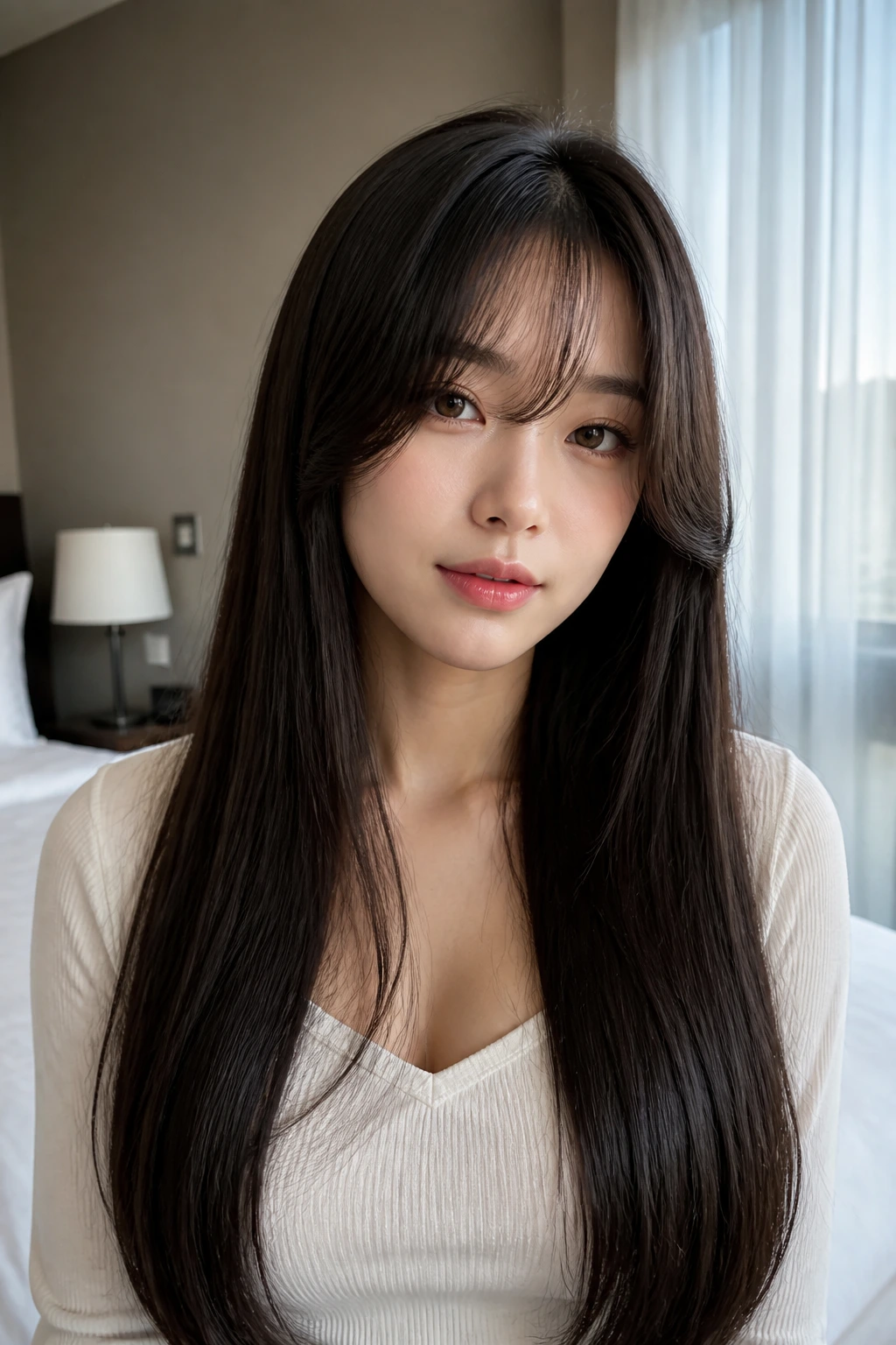 Close-up of a real woman with crescent-shaped fringe and sleek waist-length hair in soft window light.