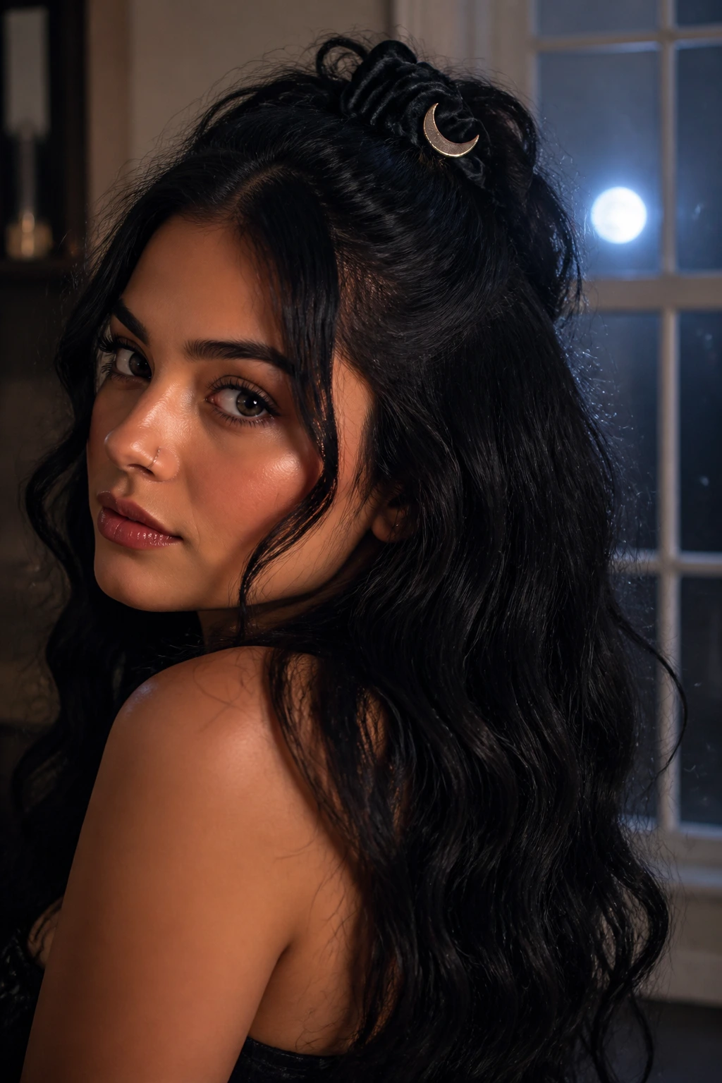 Close-up of a Latina woman with crescent moon half-up half-down hairstyle in moody night light
