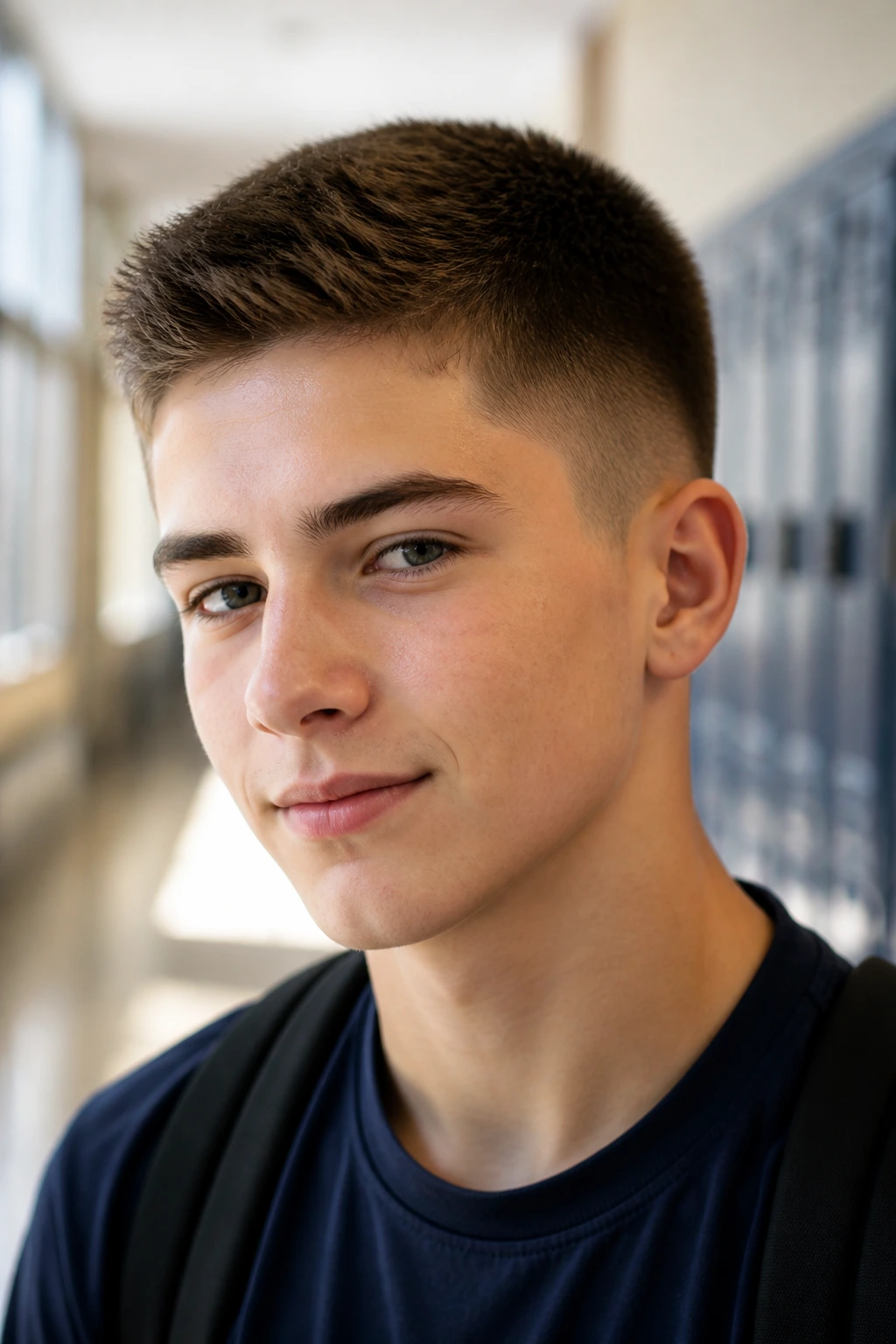 Close-up portrait of a teen with a classic crew cut and tapered sides in a school hallway