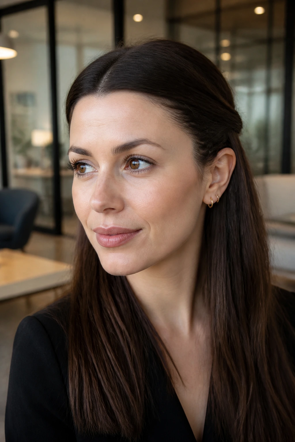 Close-up of a real woman's head showing two accent crimps behind the ears in a polished office hairstyle