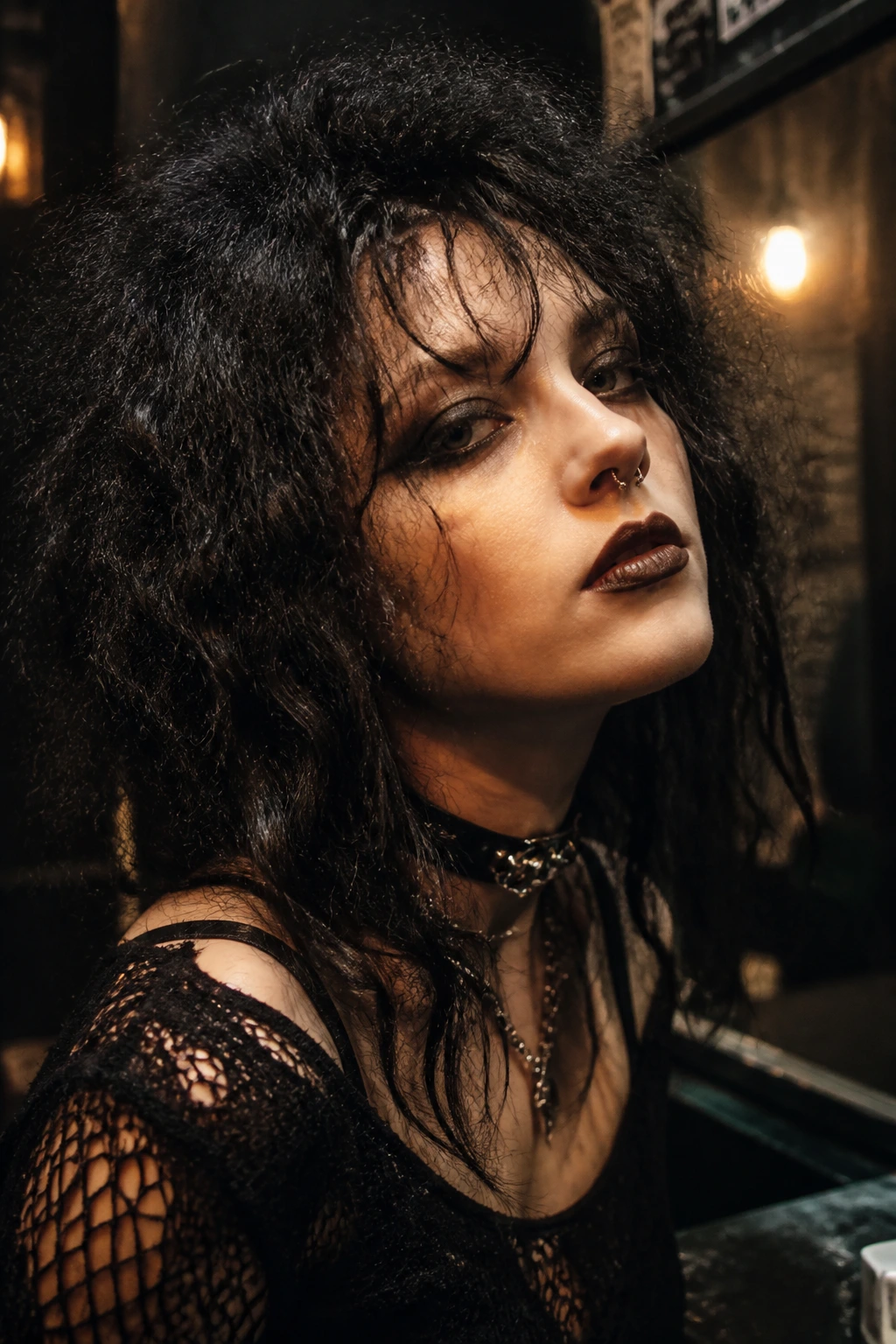 Close-up of a real person with messy crimped curls in moody backstage lighting