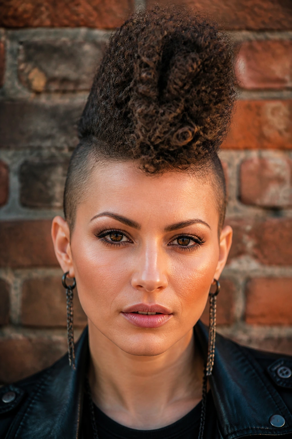 Close-up of a real person with crimp-texture mohawk against brick wall