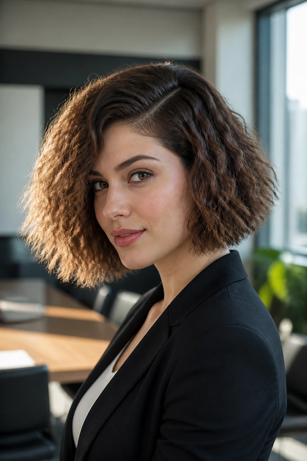 Close-up of a real woman with voluminous crimped bob and a side part