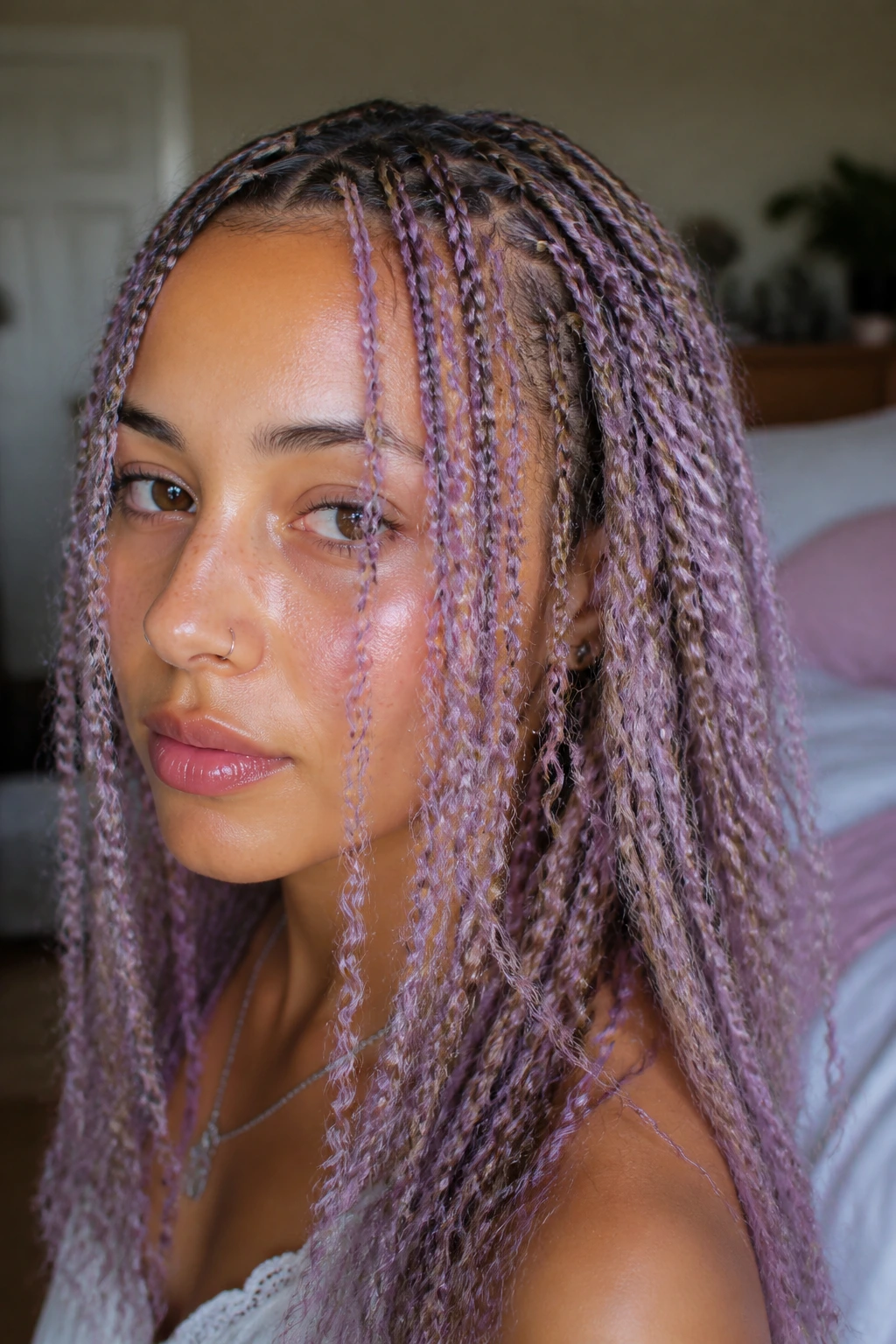 Close-up portrait of person with crimped-look braids and pastel spray on hair