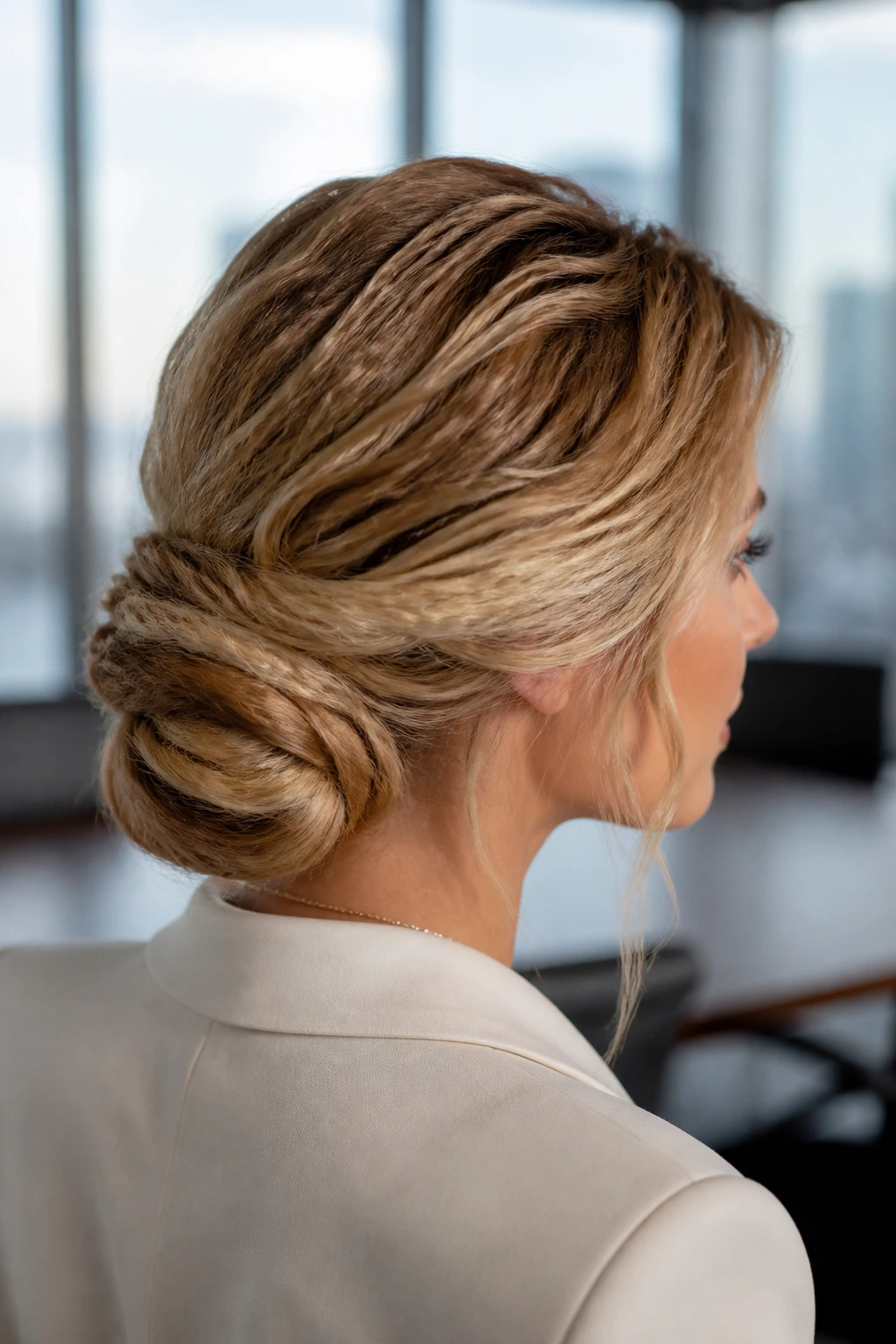 Close-up of a real woman with an elegant low chignon and crimped detail in a refined office setting