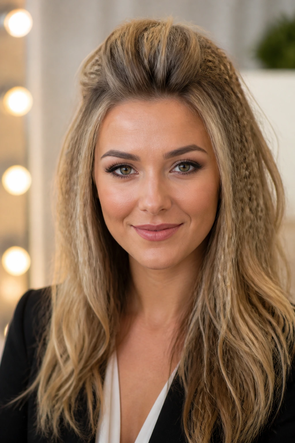 Close-up of crown area with subtle crimped texture for volume on a real person