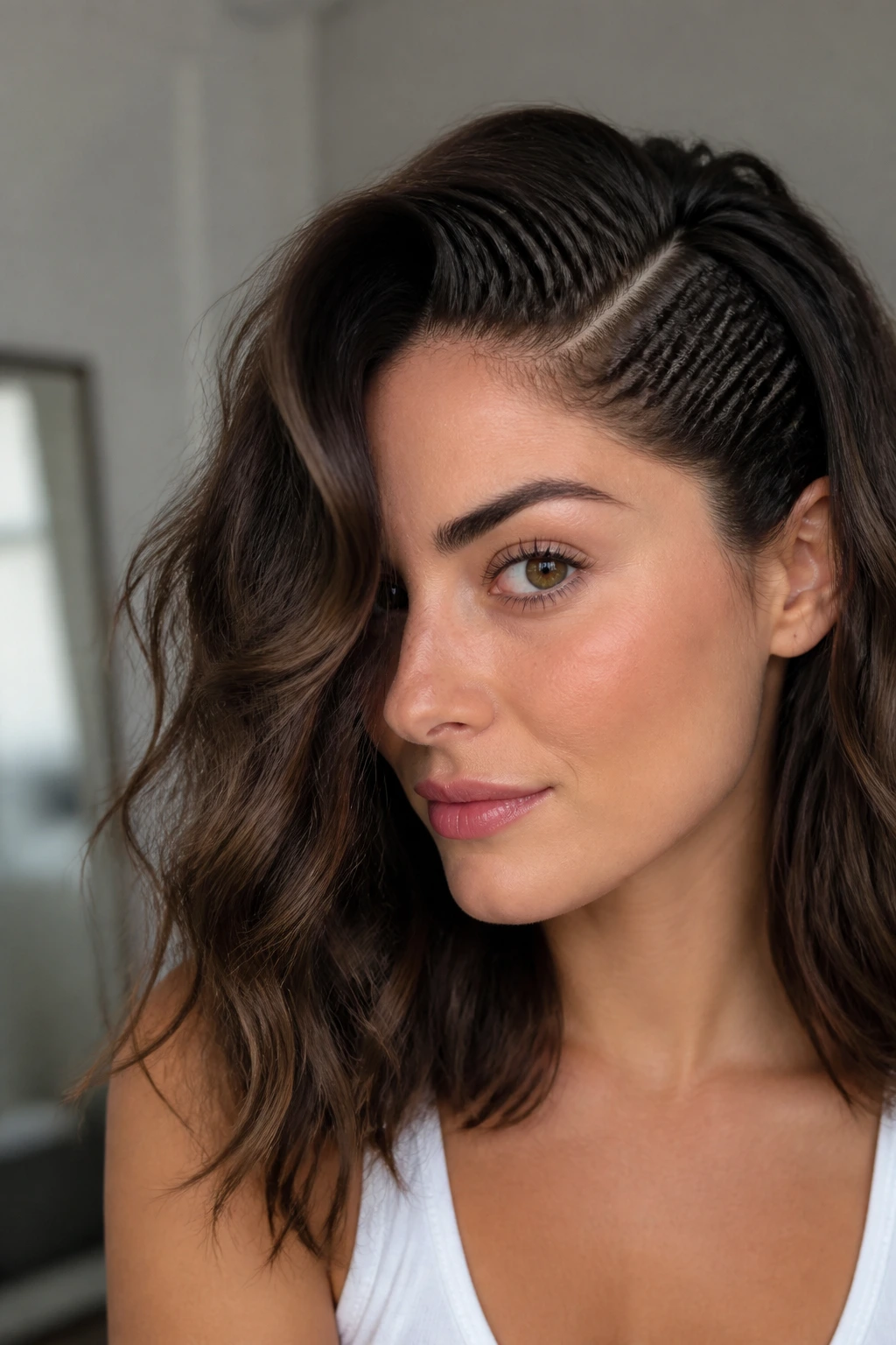 Close-up of a woman with a crimped edge at the root of a deep side-parted hairstyle.